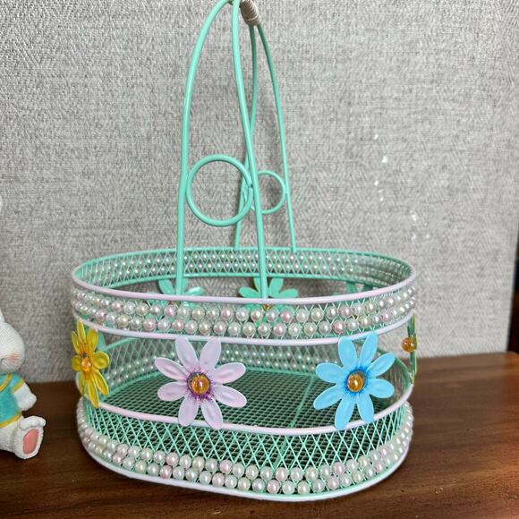 VTG Easter Bunny Figurine With Flower‎ Wire Basket And Colorful Ceramic Eggs - Picture 7 of 16